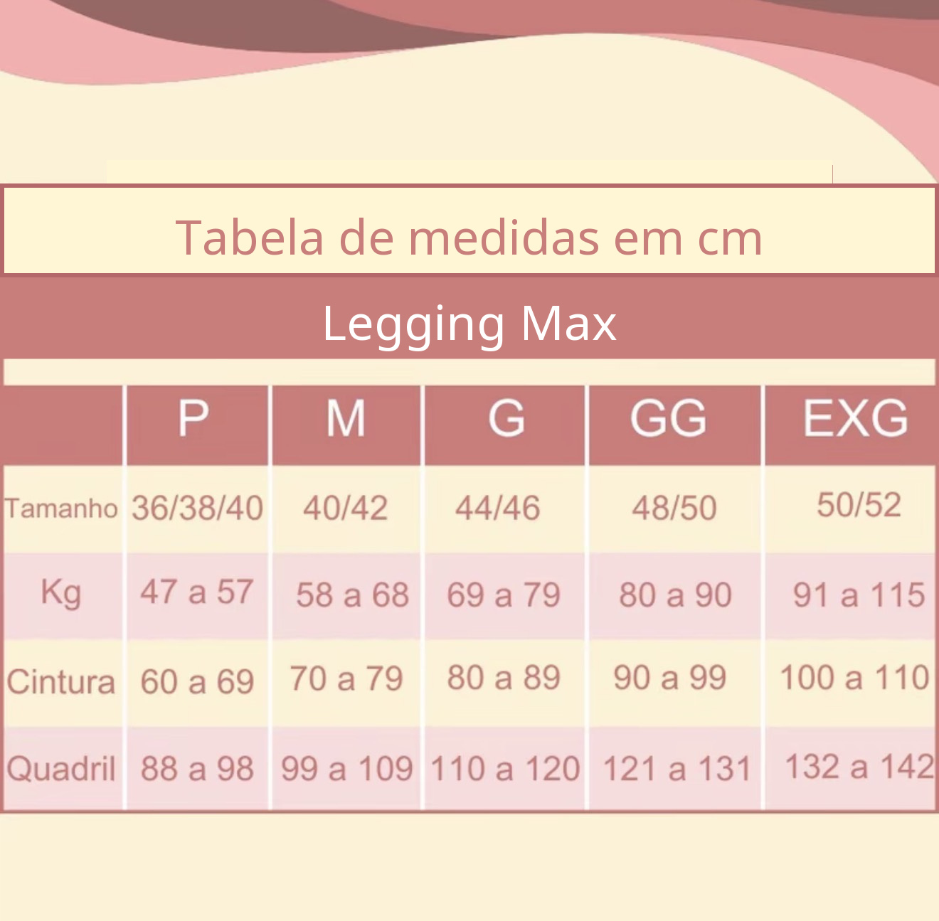 Tabela de medidas da legging